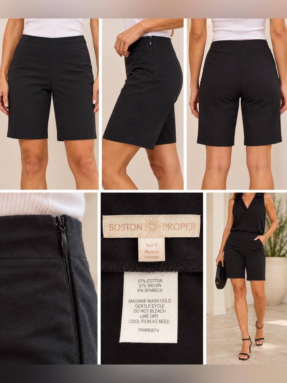 Boston Proper Black Bermuda Shorts Size 6 Side Zip 9” Inseam